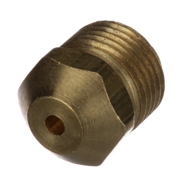 A close-up of a brass nut with a brown and black center