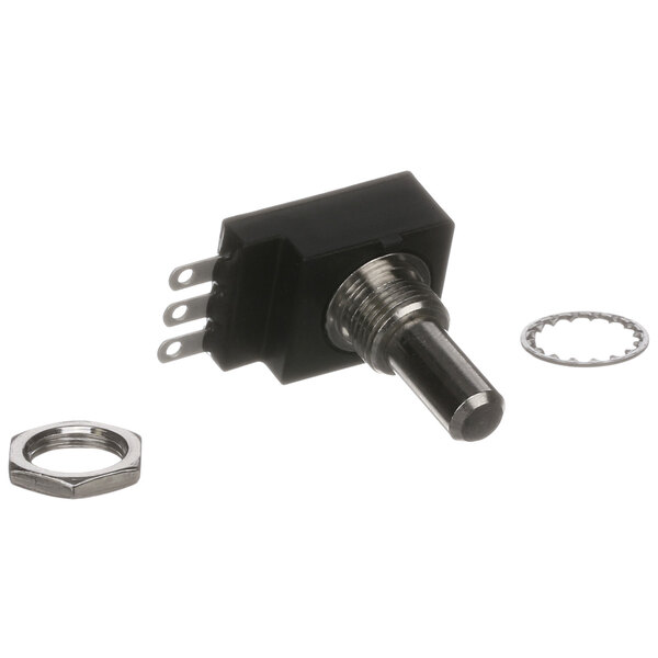 A close-up of a Hobart potentiometer switch with a black and silver nut.