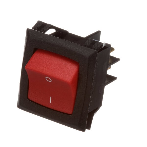 A red rocker switch with white text and a white circle on the button.