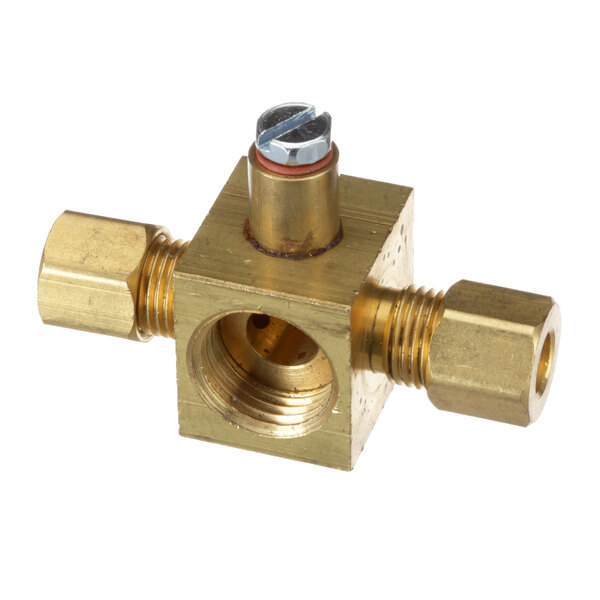 A brass US Range Tee assembly with threaded nuts.
