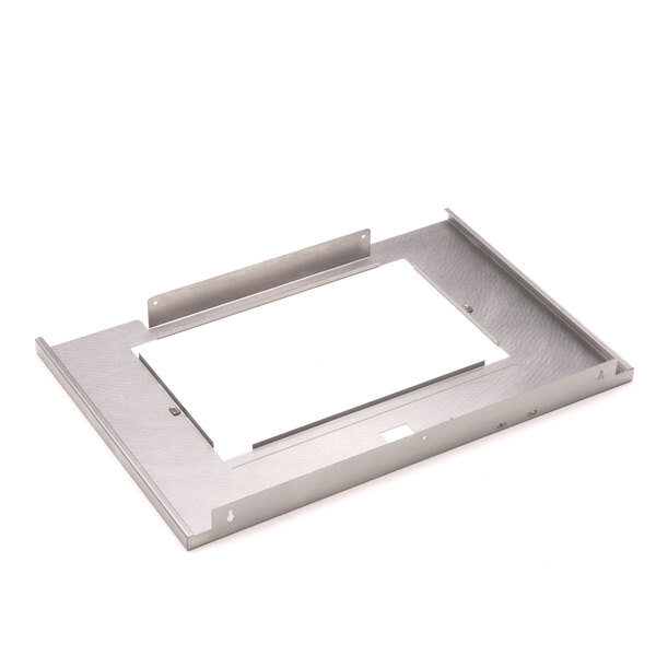 A metal frame with a white rectangular object on it.