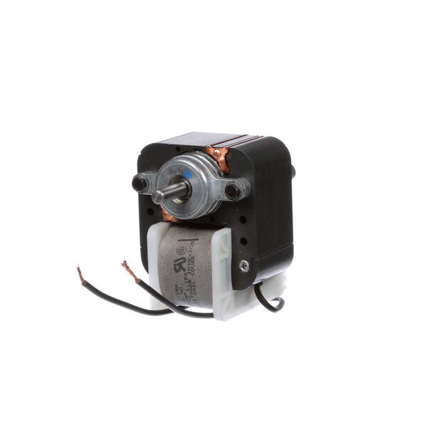 A small black and silver electric motor with a round metal part and wires.