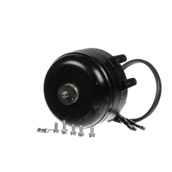 A black round electric motor with screws and wires.
