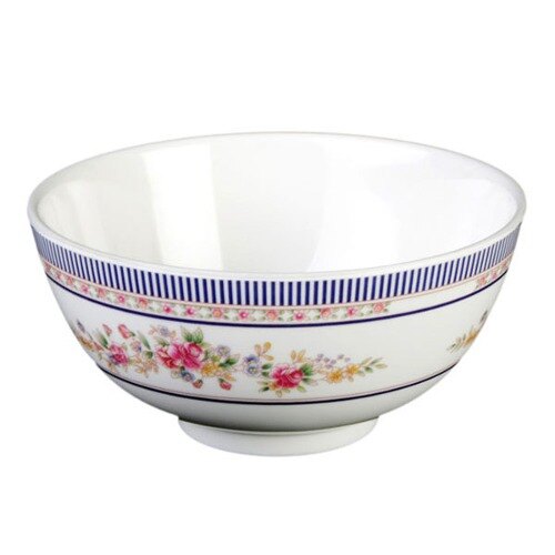 A white Thunder Group melamine rice bowl with a rose pattern.