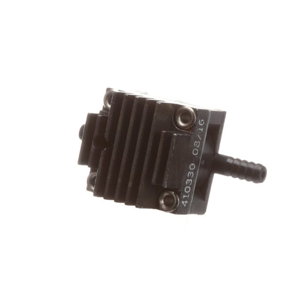 A close-up of a black metal Lincoln air switch.