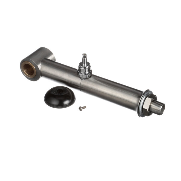 A metal leg assembly with a valve on a stainless steel pipe.