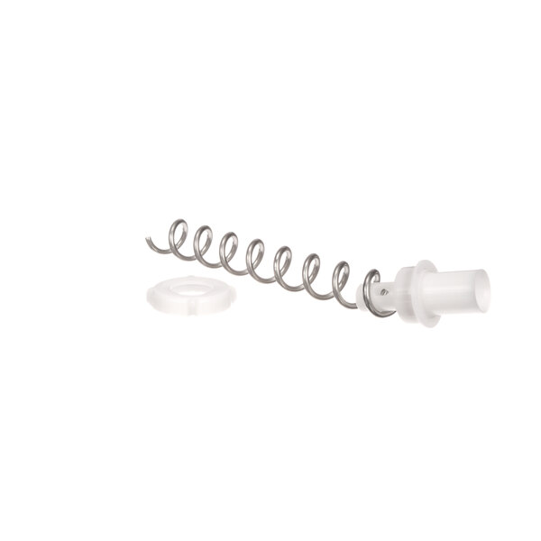 A white plastic wire auger with a spring.
