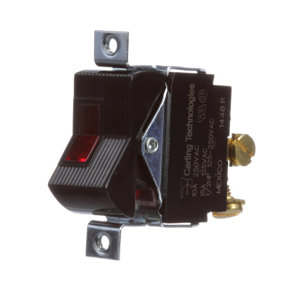 A black rectangular Randell rocker switch with white text and a red light.