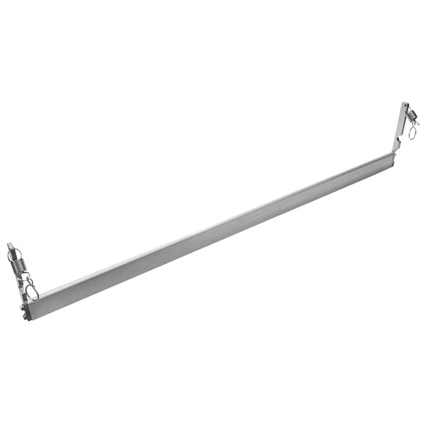A long metal bar with metal hooks on a white background.