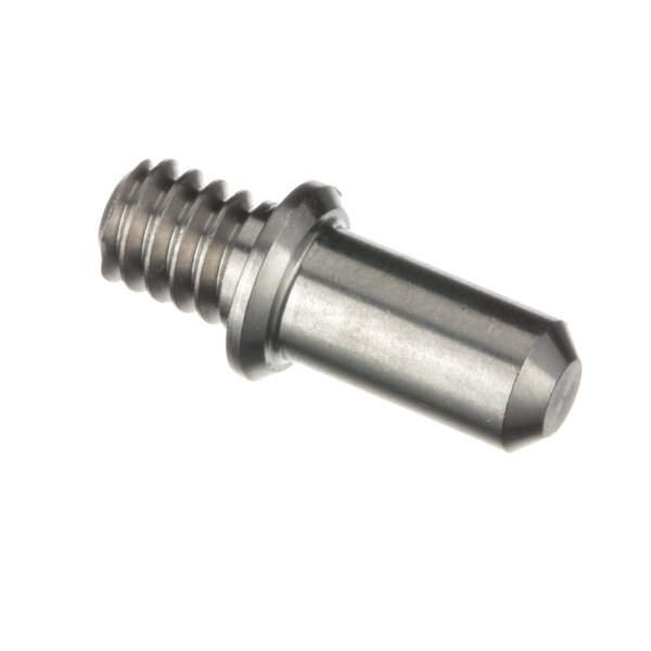 A close-up of a stainless steel threaded bolt with a metal pin on the end.