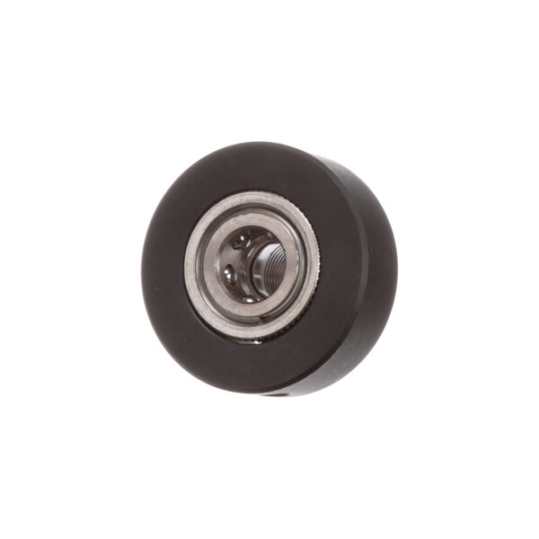 A black rubber wheel with a silver metal center.