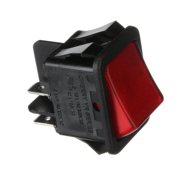 A close-up of a red and black Randell EL On/Off Rocker Switch with a red light.