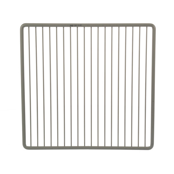 A metal shelf with bars on it.