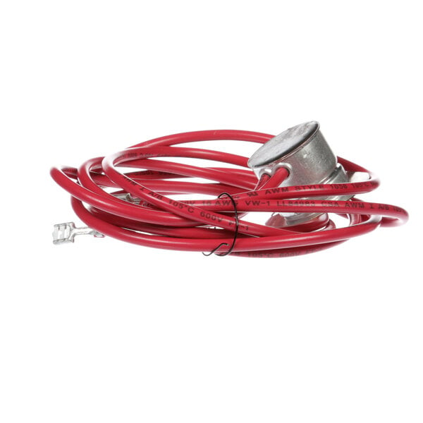 A red cable with a metal cap connected to a metal cap with red wires.