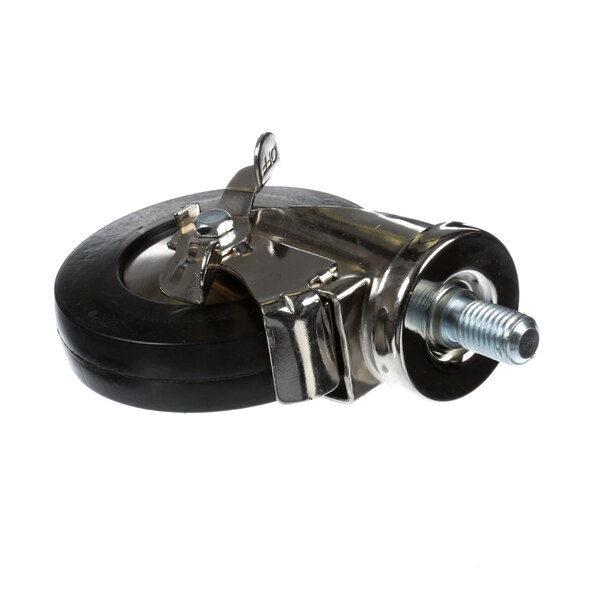 A black and silver Vulcan caster wheel with a metal bolt.