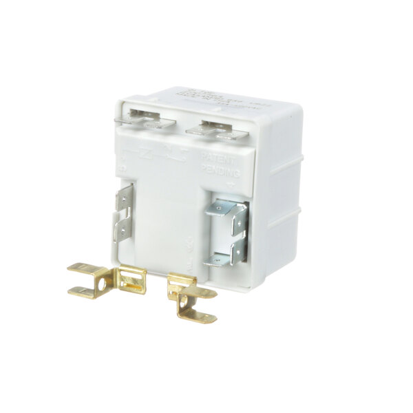 A white square Manitowoc Ice start relay with metal parts.