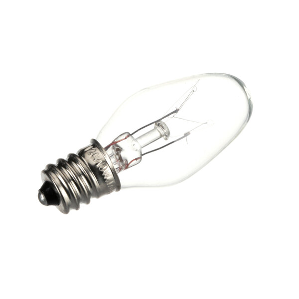 A clear light bulb with a black base.