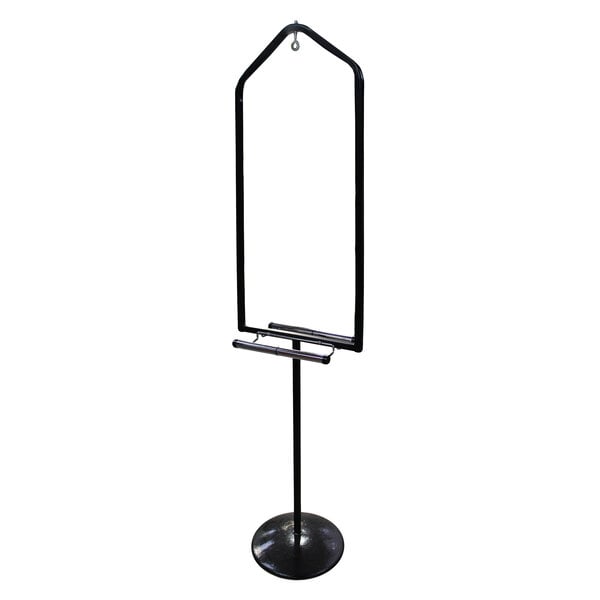 A Marco Company black metal produce bag and scale holder with a metal frame and hook.