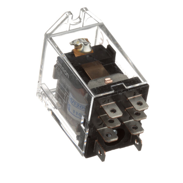 A clear plastic box containing a Pitco relay with metal connectors.