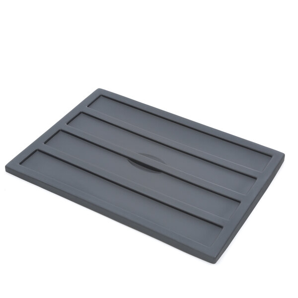 A grey rectangular plastic lid with four rows of slats.
