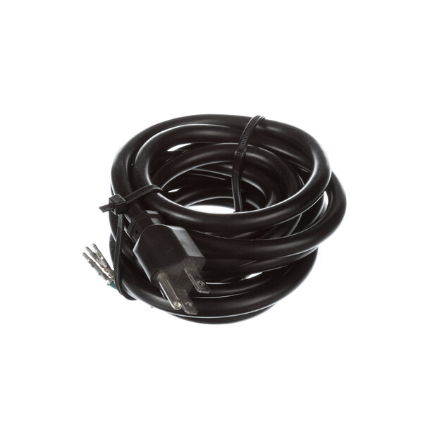 A black cable with a black electrical plug.