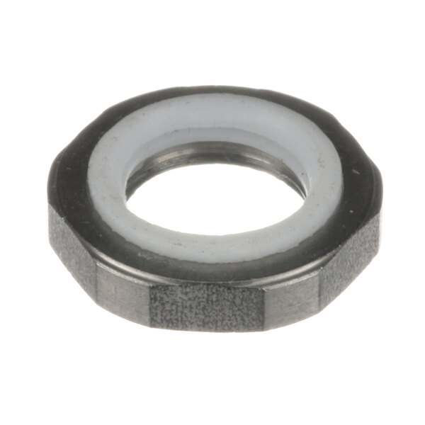 A close-up of an Insinger metal nut with a white ring.