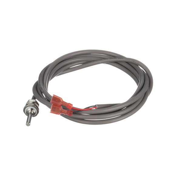 A close-up of a gray cable with red wires and a red connector on a white background.