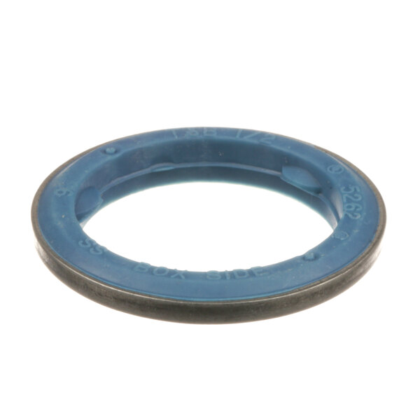 A blue and black round gasket with a black ring.