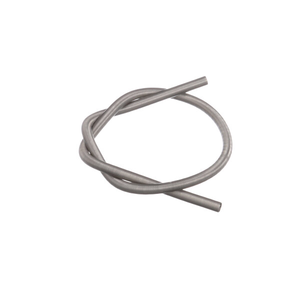 A grey flexible spring with a small end on a white background.