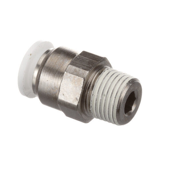 A close-up of a stainless steel threaded male connector.