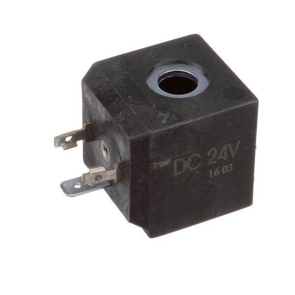 A small black square Franke valve with a hole.