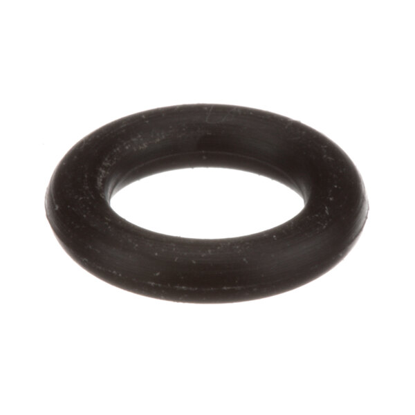 A black rubber O ring with a white background.