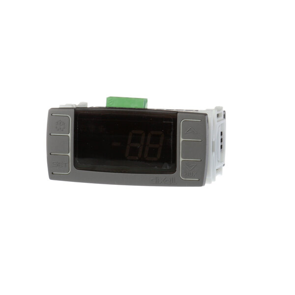 A grey digital Master-Bilt temperature controller with a black screen showing a green number.