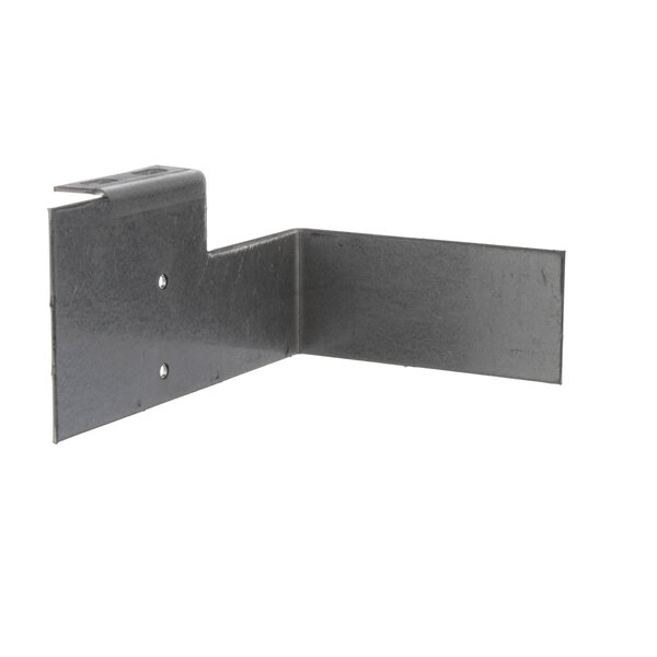 A black metal bracket with two holes on a corner.
