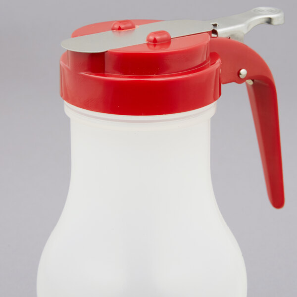 Tablecraft PP410RE 10 oz. Polypropylene Teardrop Syrup Dispenser with