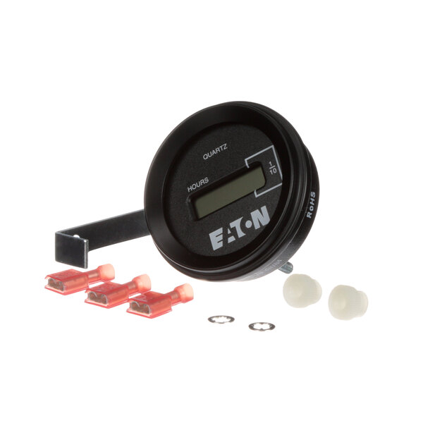 A black Somat Hour Meter with a round display and red connectors.