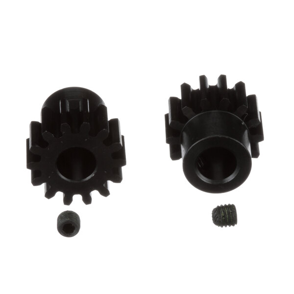 A close-up of two black gears with screws.