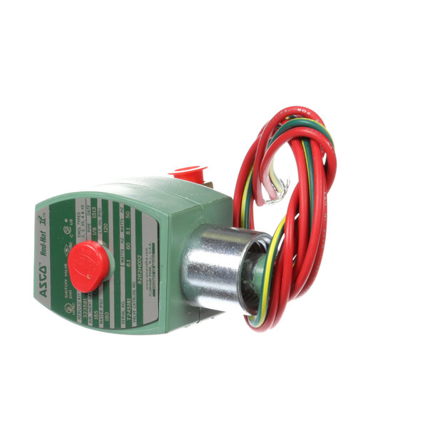 A green Crown Steam Solenoid Valve with red and green wires.