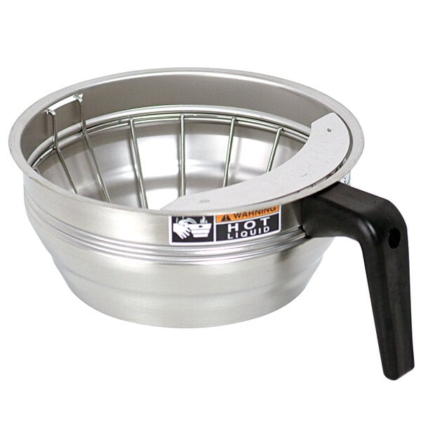 A stainless steel Bunn SplashGard funnel with a black handle.