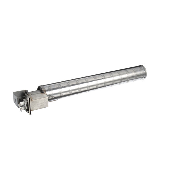 A stainless steel cylindrical burner assembly with a metal handle.
