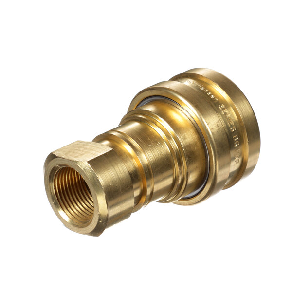 A close-up of a brass nut with a threaded connection.