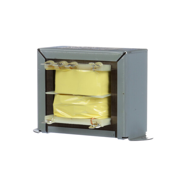 A Pitco transformer with yellow wires and a yellow cover inside a grey box.