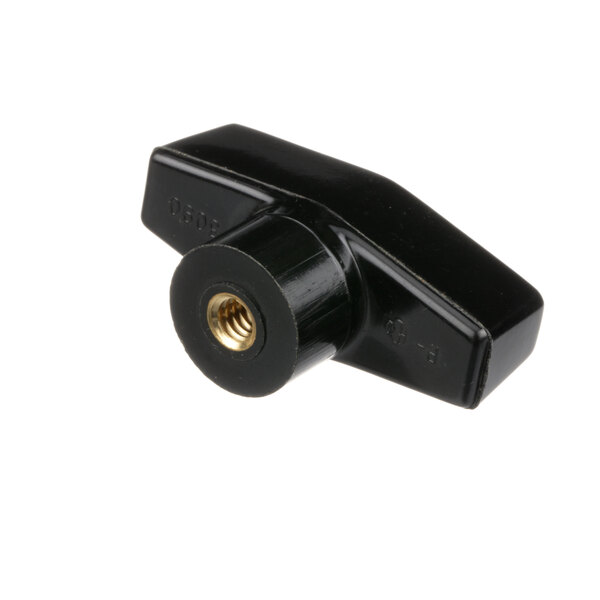 A black plastic Pitco knob with a gold nut.