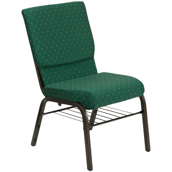 Flash Furniture XU-CH-60096-GN-BAS-GG Green Dot Patterned 18 1/2" Wide Church Chair with Communion Cup Book Rack - Gold Vein Frame
