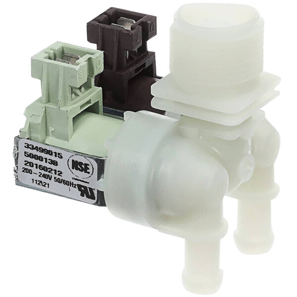 A close up of a Rational double solenoid valve with white and black plastic parts.