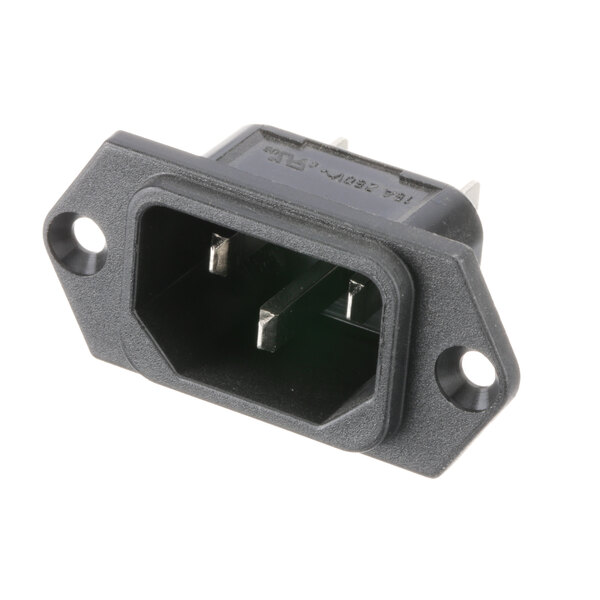 A black Victory inlet connector with two pins.