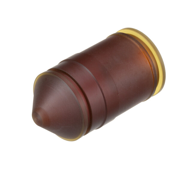 A brown cylindrical Cleveland plunger discharge valve with yellow edges.