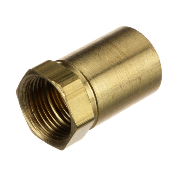 A close-up of a brass threaded pipe with a nut.