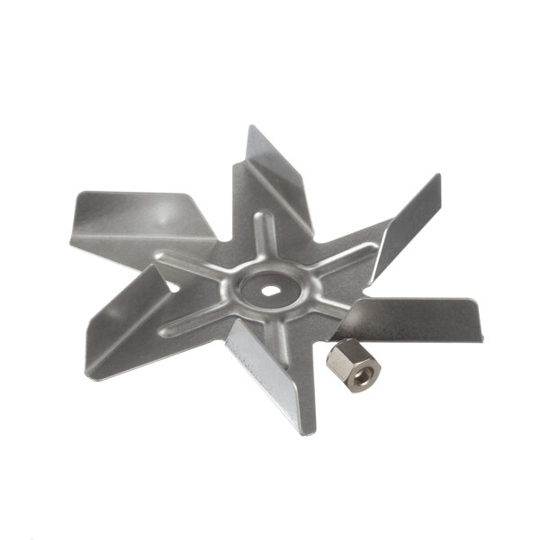 A silver metal fan blade with a nut.