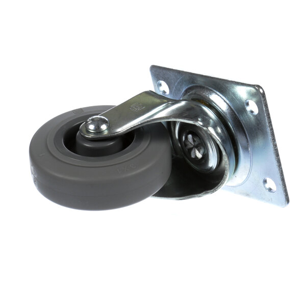 A Vollrath caster wheel with a metal plate and grey rubber wheel.